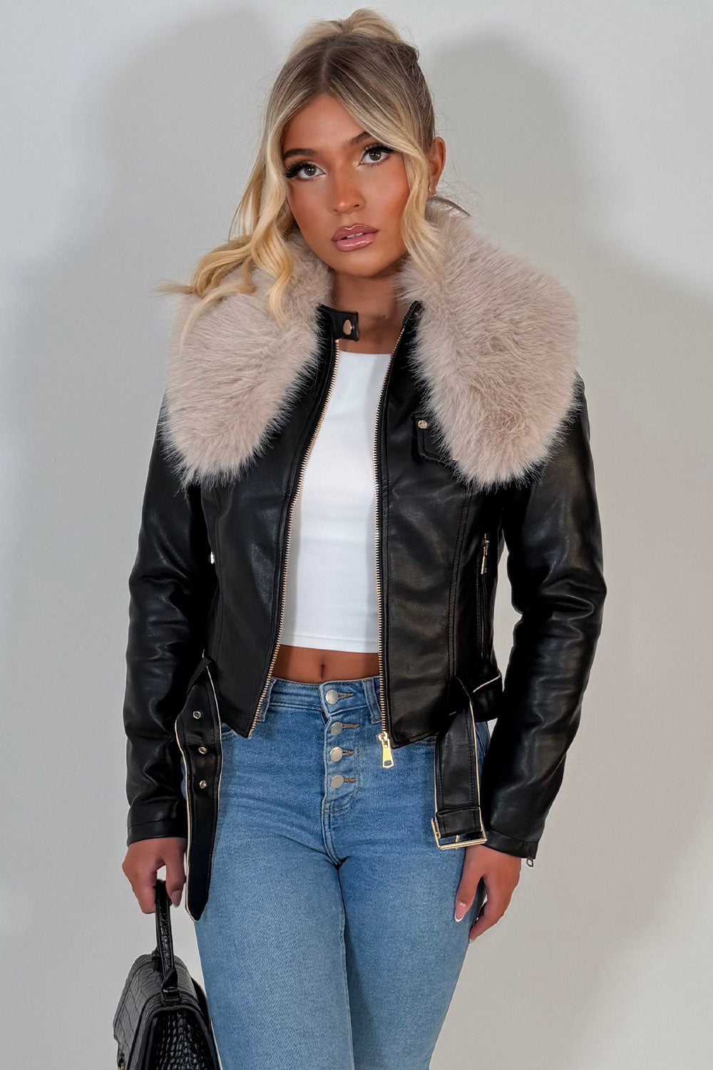 faux leather faux fur jacket black