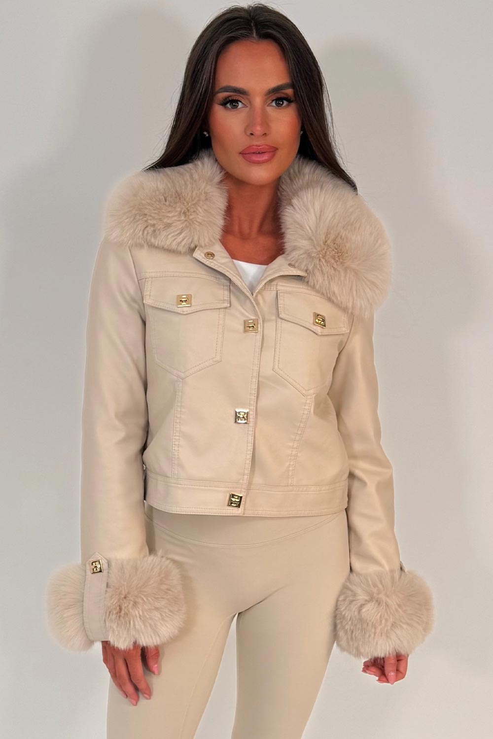 fur cuff and collar faux leather jacket with gold buttons styled up womens