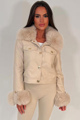 fur cuff and collar faux leather jacket with gold buttons styled up womens