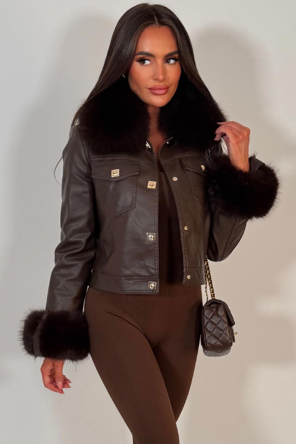 brown faux fur cuff collar faux leather bomber jacket womens styled up christmas party jacket outerwear