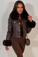 brown faux fur cuff collar faux leather bomber jacket womens styled up christmas party jacket outerwear