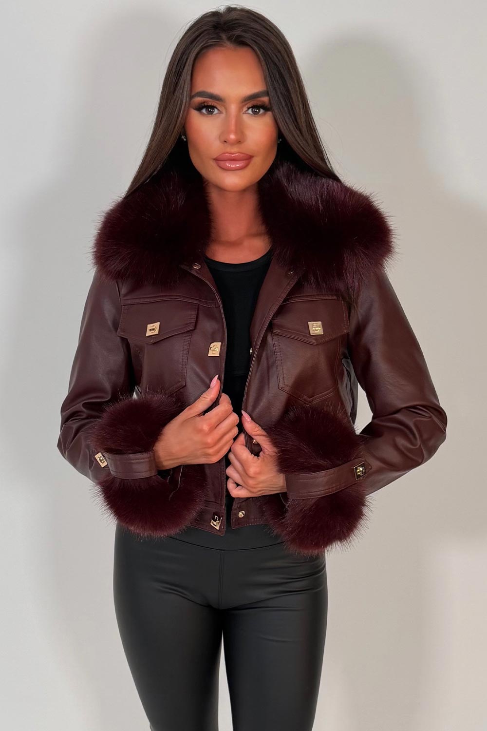 fur cuff and collar faux leather jacket with gold buttons styled up womens