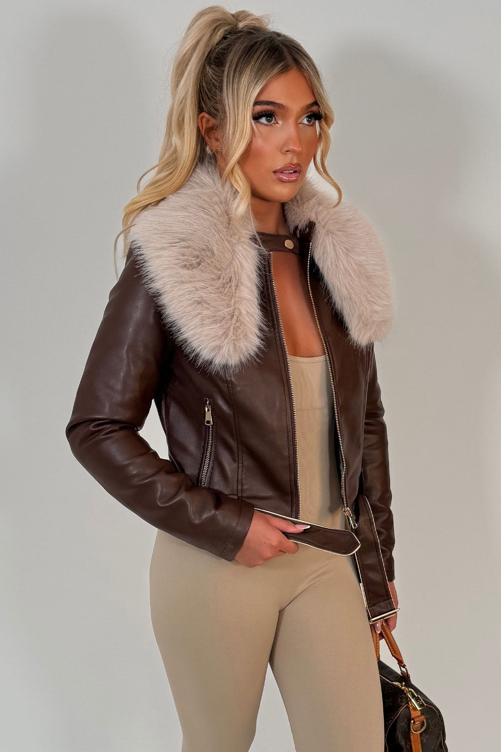 faux leather faux fur jacket brown