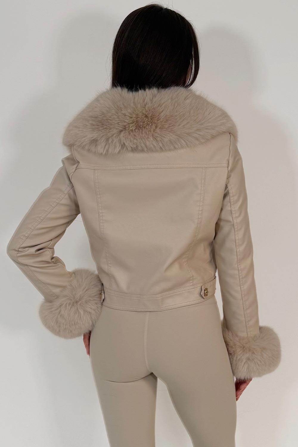womens fur cuff and collar faux leather jacket with gold buttons styled up uk christmas market party festival rave outfit 