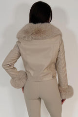womens fur cuff and collar faux leather jacket with gold buttons styled up uk christmas market party festival rave outfit 