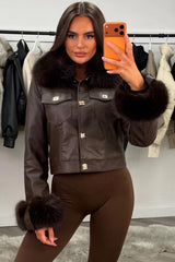 womens brown fur cuff and collar faux leather gold button bomber jacket styled up