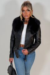 faux fur faux leather jacket with belt black styledup uk
