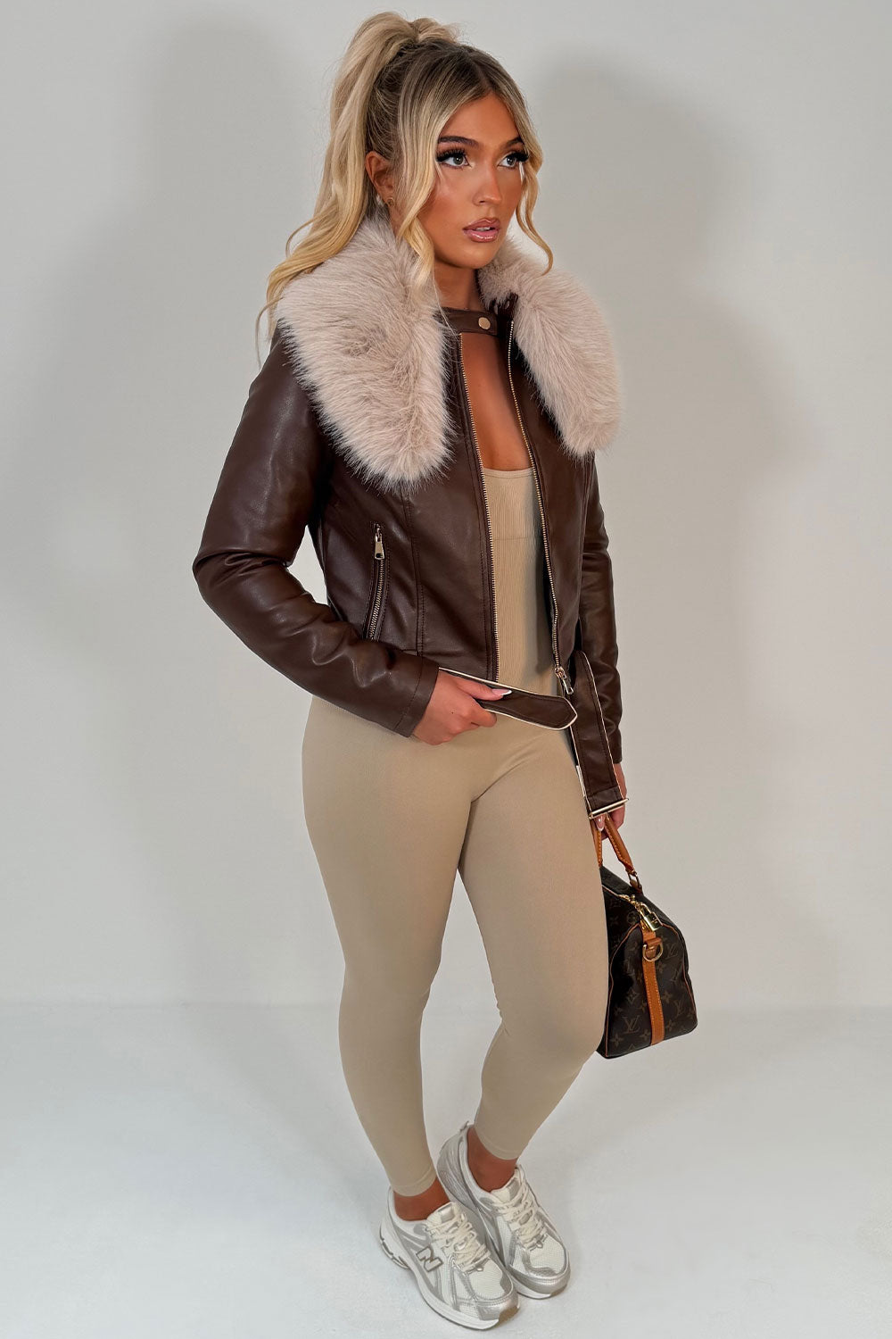 faux fur faux leather jacket with belt brown styledup uk