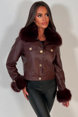 burgundy faux fur cuff collar faux leather bomber jacket womens styled up christmas party jacket outerwear