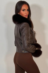 fur cuff and collar faux leather jacket with gold buttons styled up womens