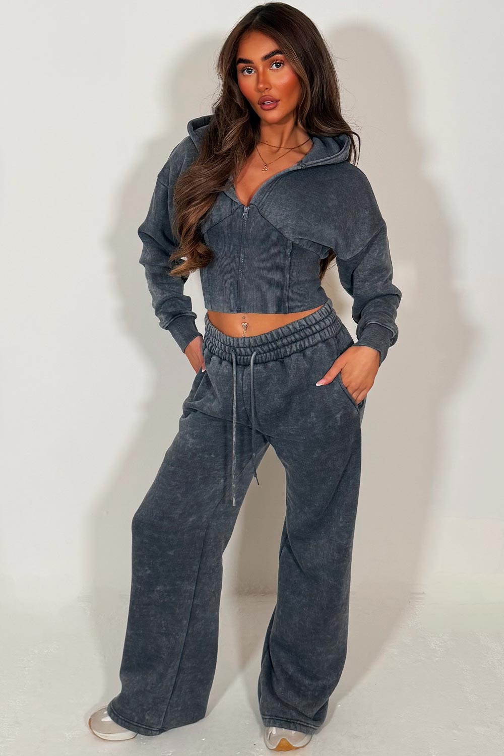 womens joggers and crop corset hoodie everyday tracksuit set acid wash grey styledup fashion