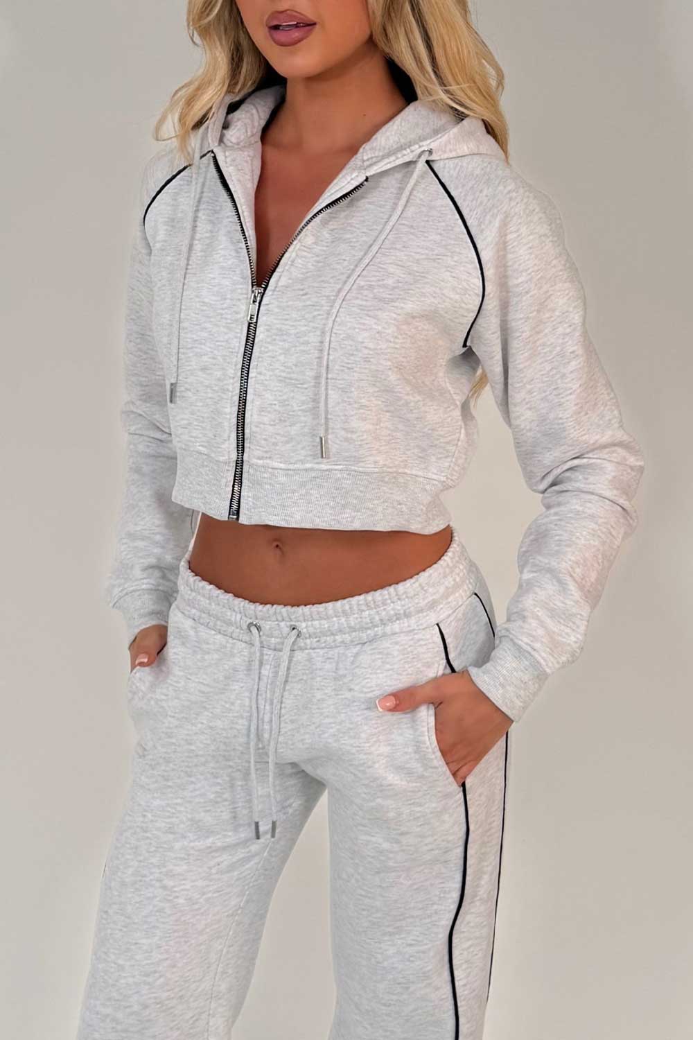womens grey marl joggers and crop hoodie tracksuit set two piece 