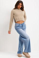 crop fluffy jumper with round neck long sleeves styledup