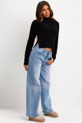 crop fluffy jumper with round neck and long sleeves