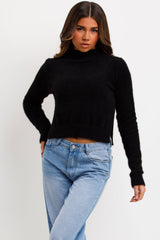 crop fluffy jumper with round neck long sleeves styledup