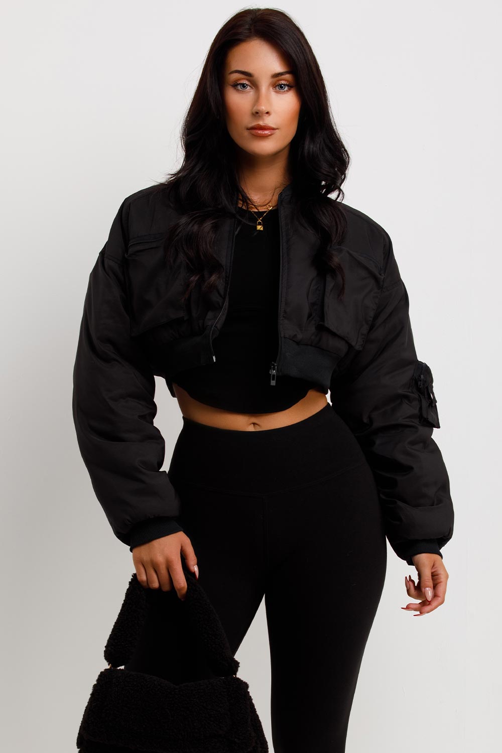 crop bomber jacket with utility pockets