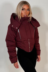 womens burgundy padded puffer funnel neck winter ski jacket styledup uk