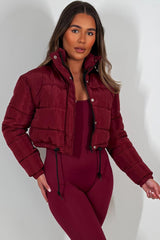 Crop Puffer Jacket With Drawstring Hem Burgundy