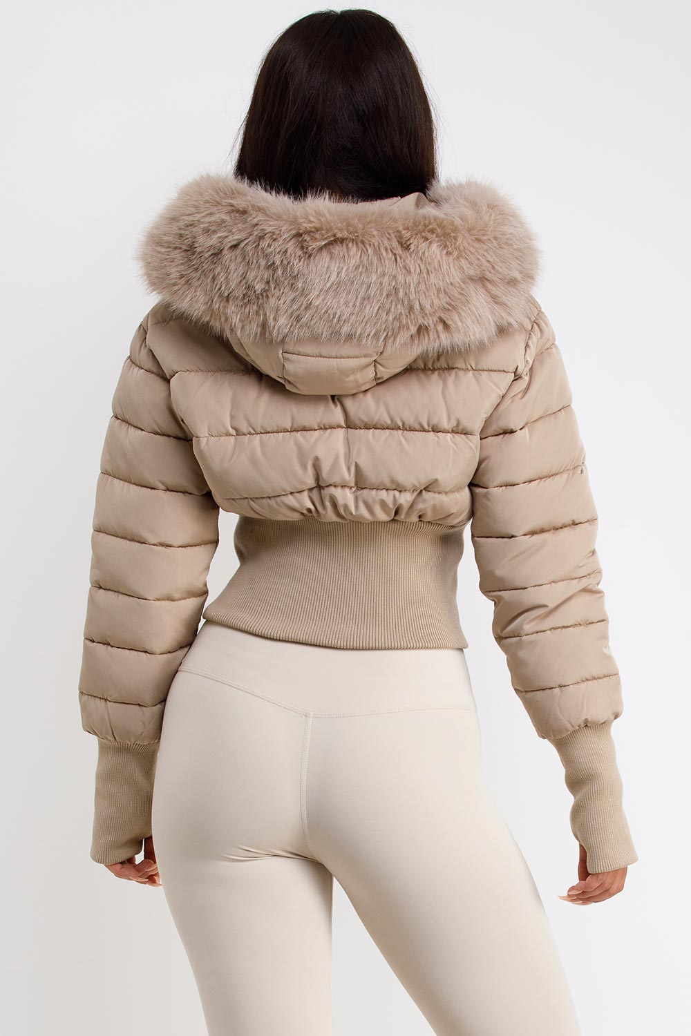 womens beige puffer padded ski jacket with fur hood styledup uk