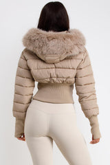 womens beige puffer padded ski jacket with fur hood styledup uk