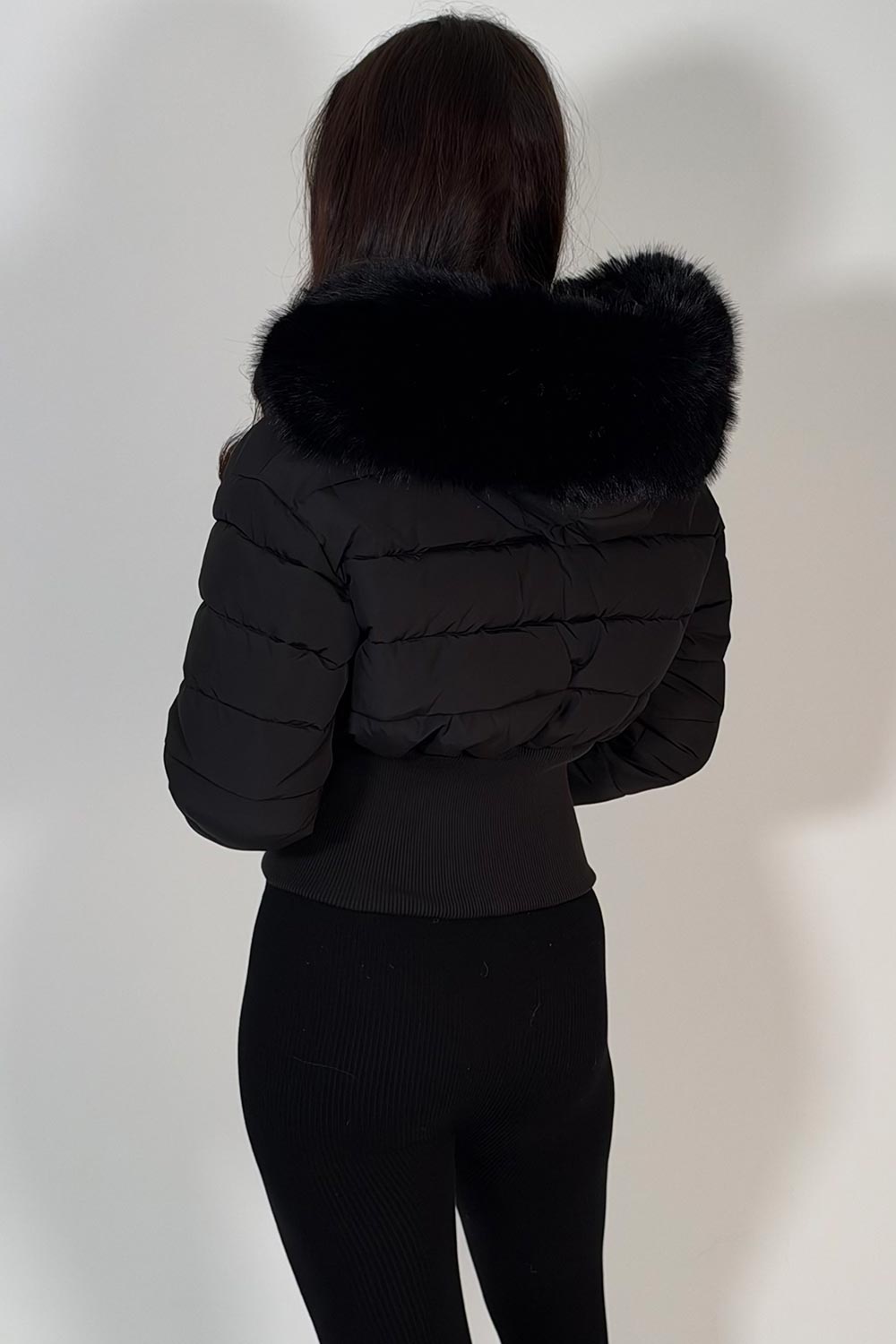 womens black puffer padded ski jacket with fur hood styledup uk