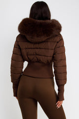 womens brown puffer padded ski jacket with fur hood styledup uk