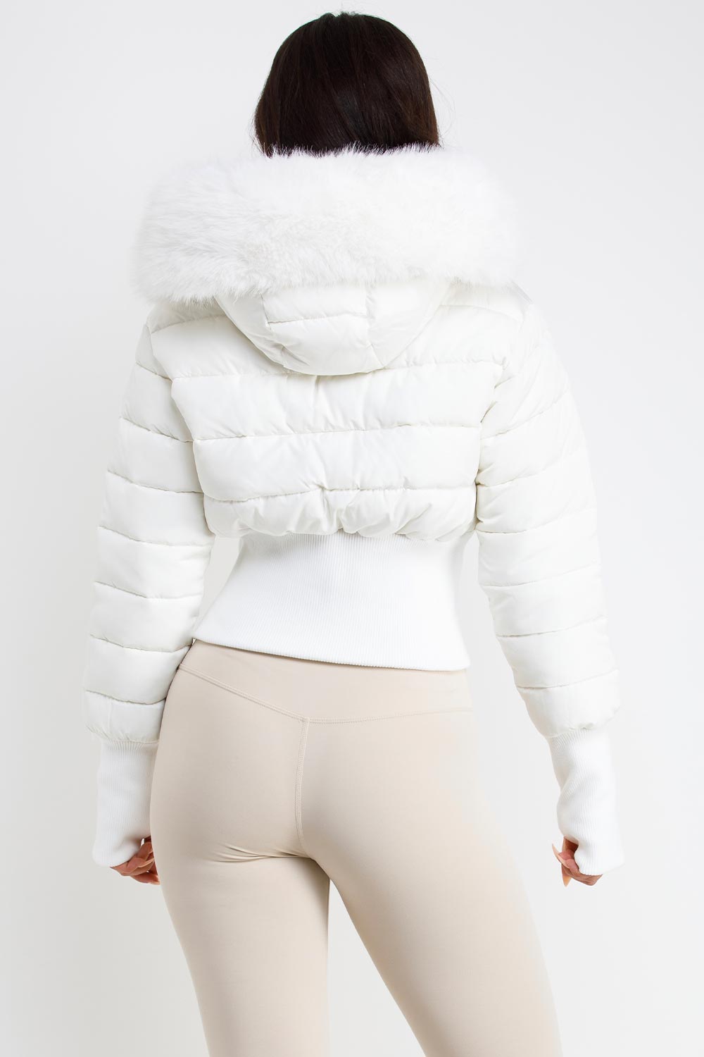womens white puffer padded ski jacket with fur hood styledup uk