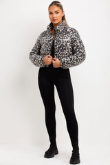 womens leopard print sequin crop puffer jacket styledup