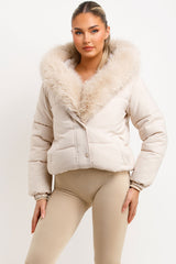 womens beige padded bomber jacket with fur hood and trim 