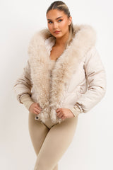 beige faux fur hood padded bomber jacket for winter