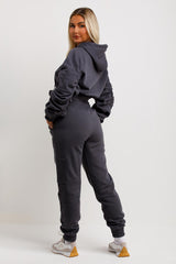 womens crop tracksuit ruched sleeve hoodie and joggers tiktok set