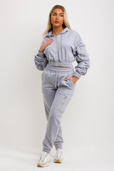 womens crop tracksuit ruched sleeve hoodie and joggers co ord set