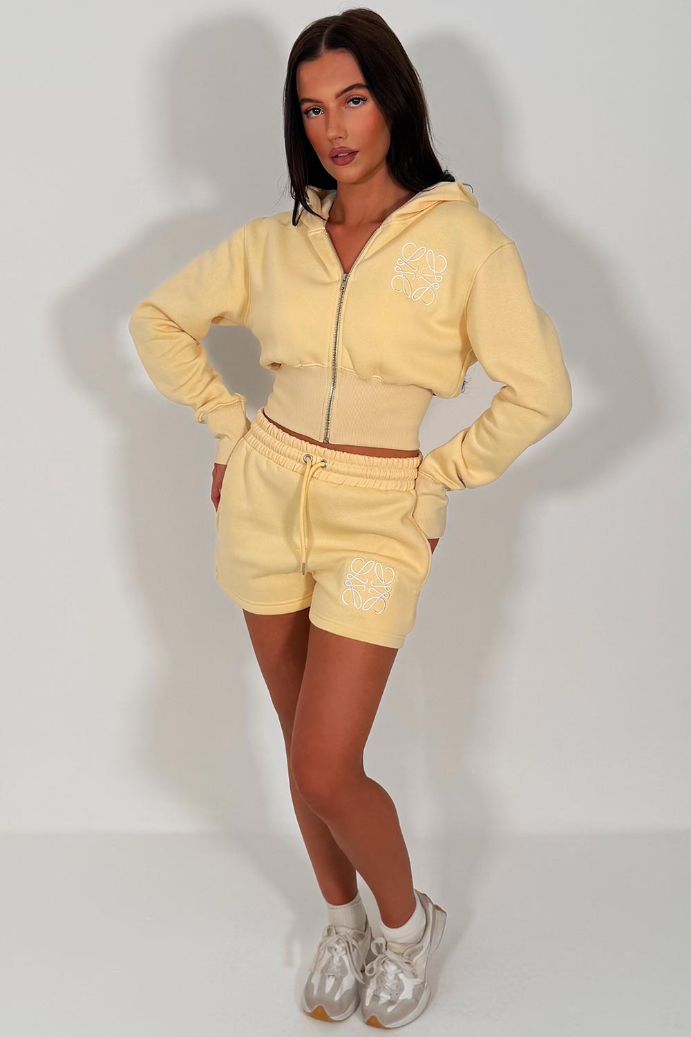 womens embroidery detail crop hoodie and shorts co ord set summer holiday tracksuit sale styledup uk