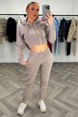 crop zip front hoodie and joggers tracksuit set stonewashed styledup