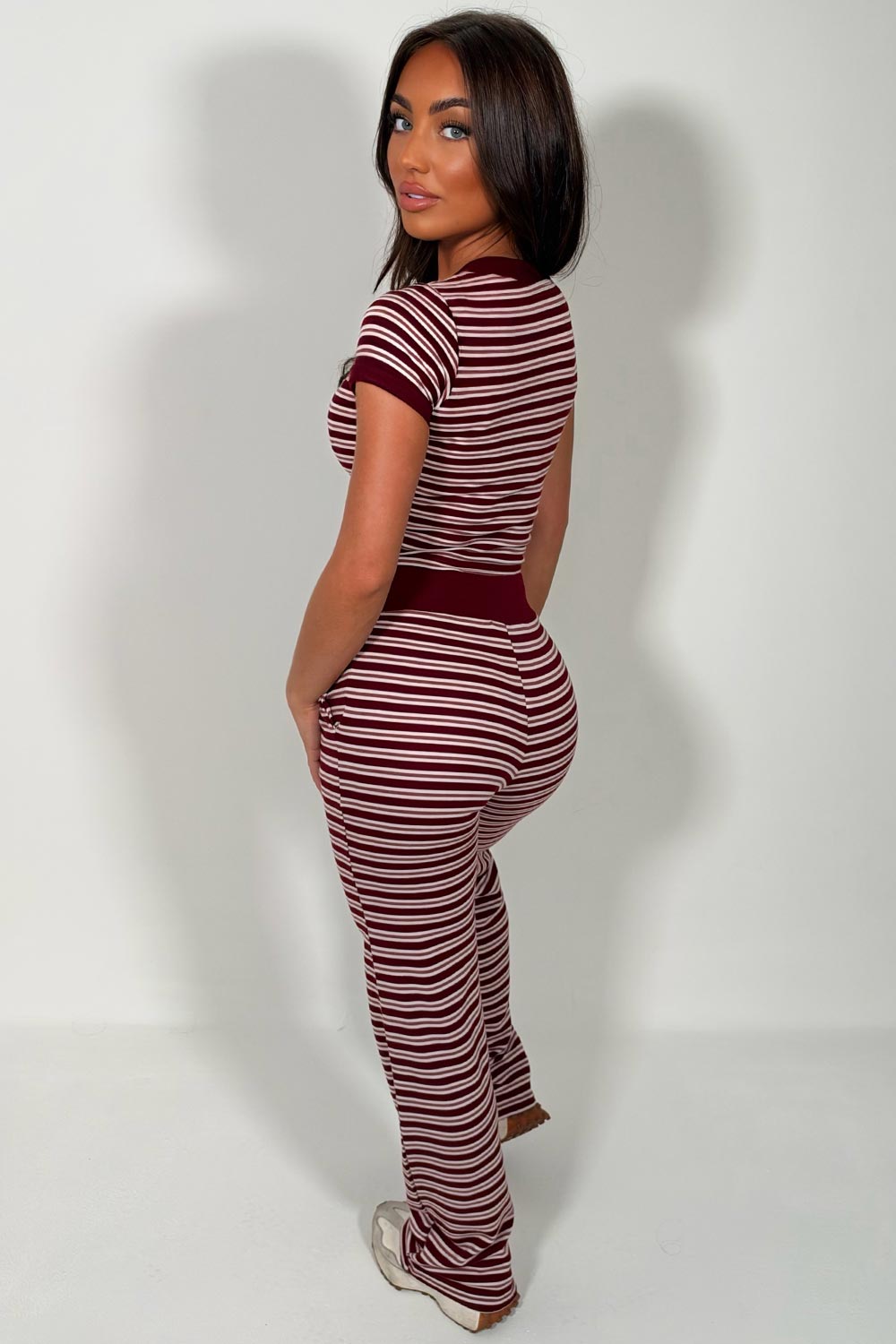 womens burgundy white stripe knitted trouser and top lounge set styledup uk
