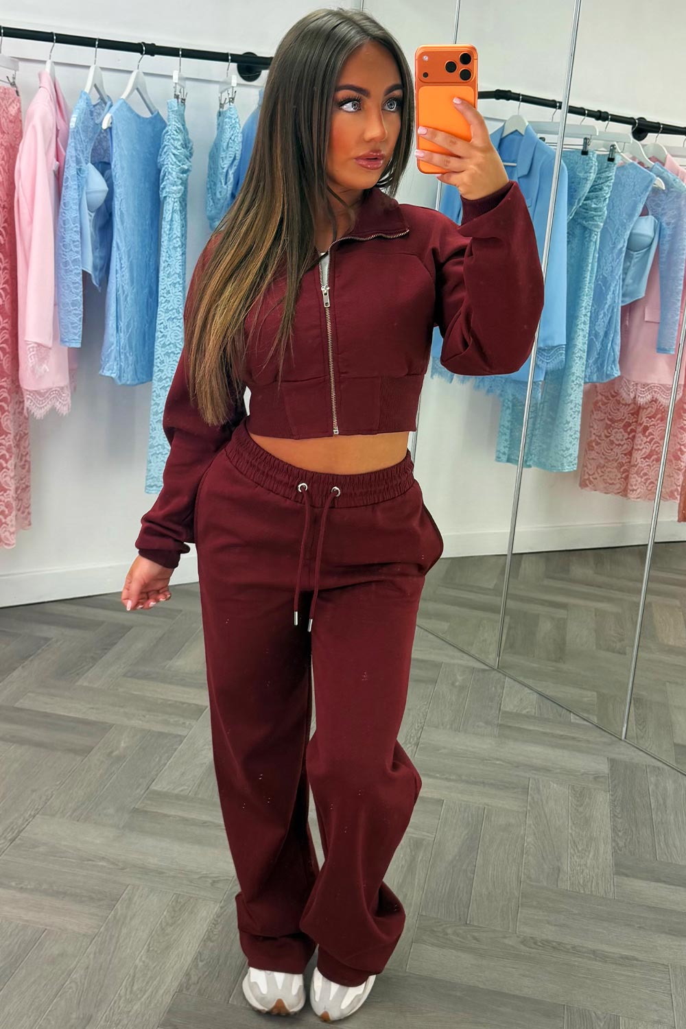 womens burgundy crop sweatshirt and wide leg joggers tracksuit airport outfit casual everyday outfit styledup uk