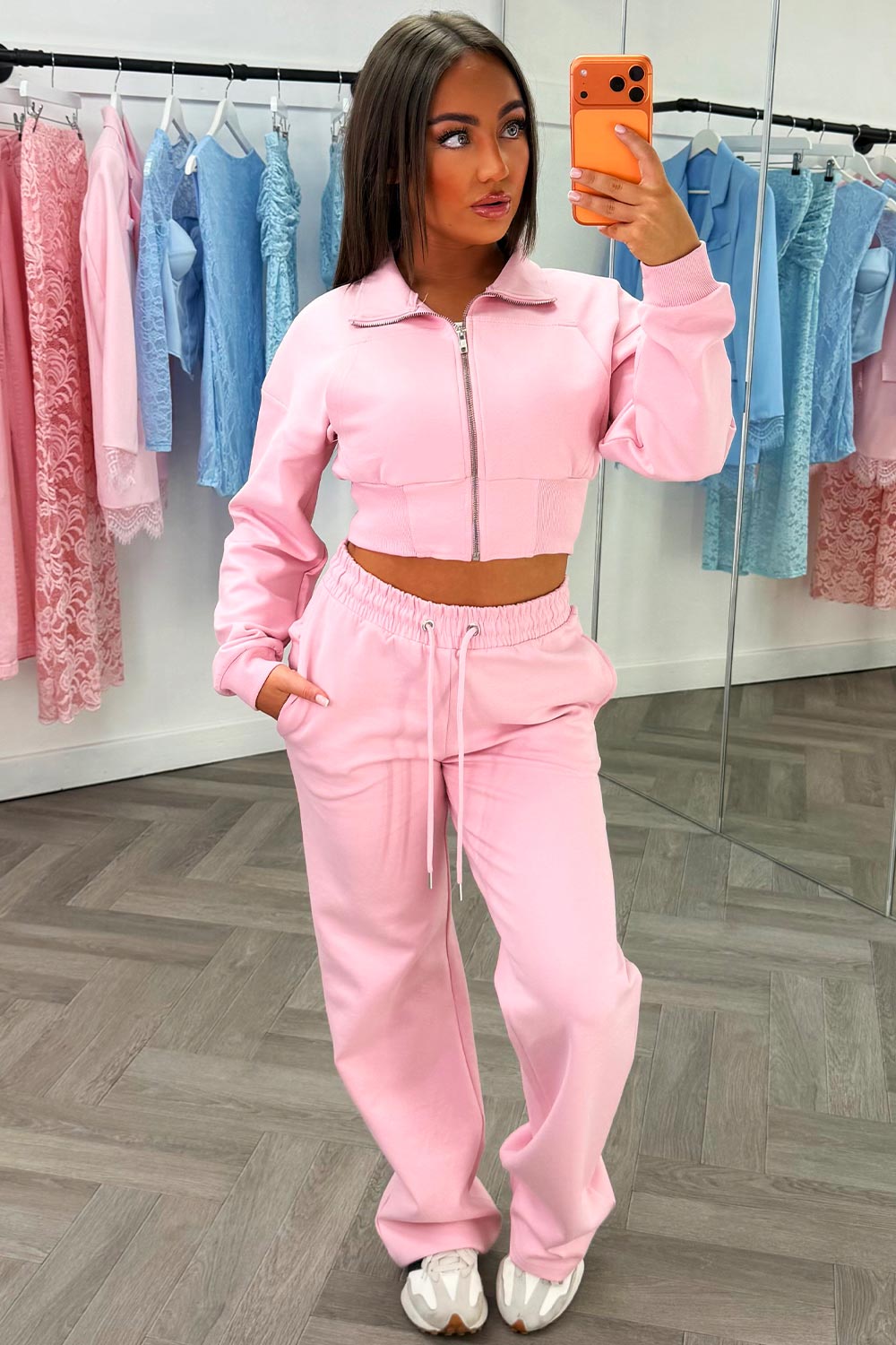 womens zip up sweatshirt and wide leg joggers two piece tracksuit co ord set styledup
