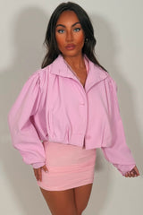 funnel neck bomber jacket with long sleeves plated gathered shoulders styledup uk