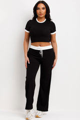womens contrast hem ribbed trousers and top co ord lounge set