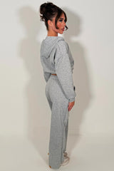 crop zip up hoodie and wide leg jogger tracksuit set with letter H detail womens casual lounge set 