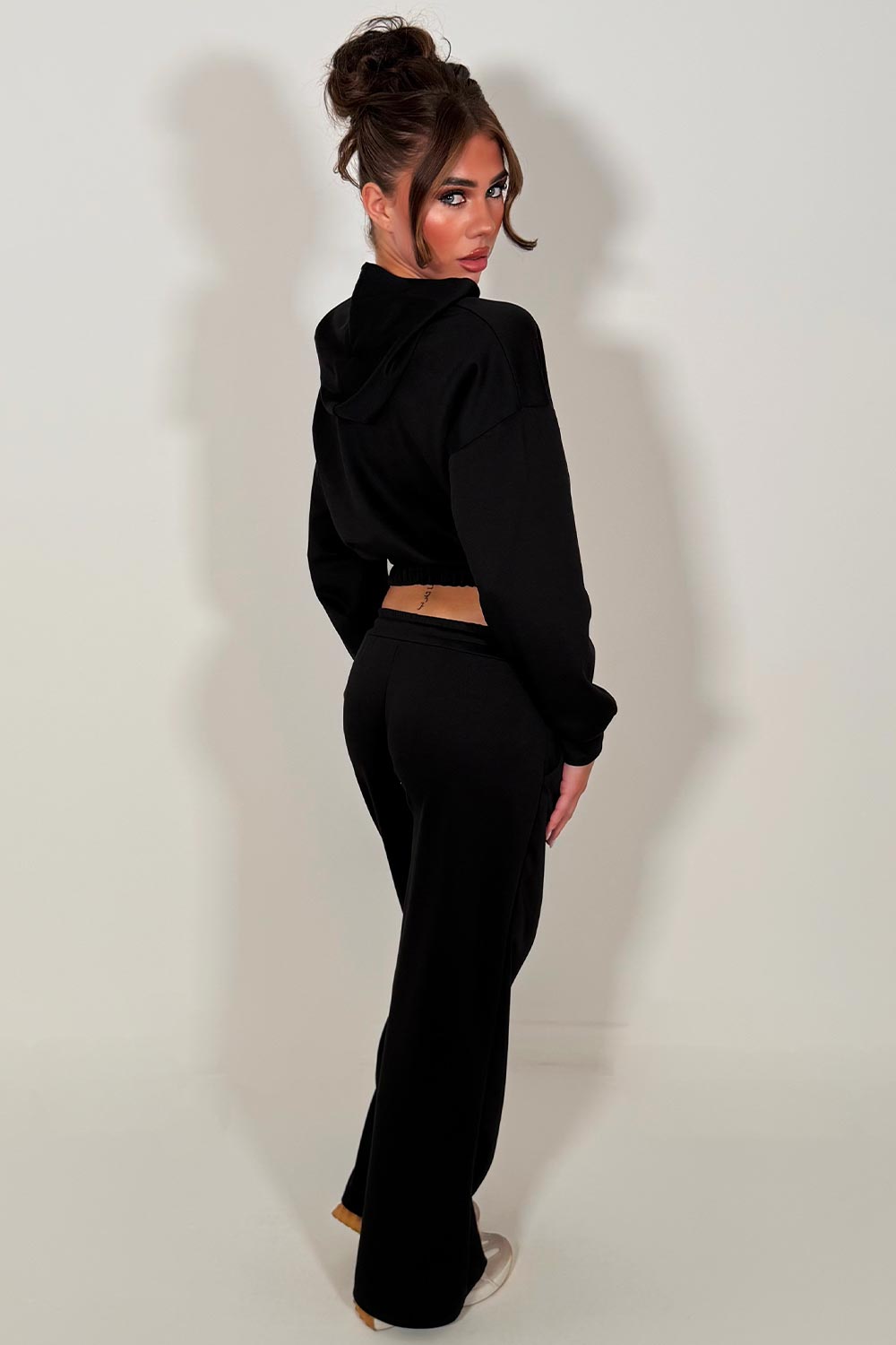 womens black crop zip up hoodie and wide leg jogger tracksuit set with letter H detail womens casual lounge set 