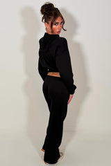 womens black crop zip up hoodie and wide leg jogger tracksuit set with letter H detail womens casual lounge set 