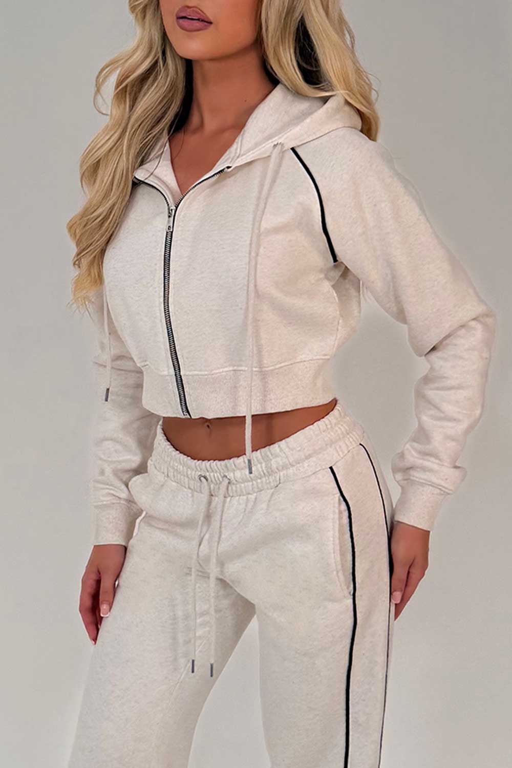 womens crop hoodie and joggers casual loungewear co ord set airport outfit oat marl styledup