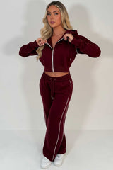 womens burgundy joggers and crop hoodie tracksuit set two piece 