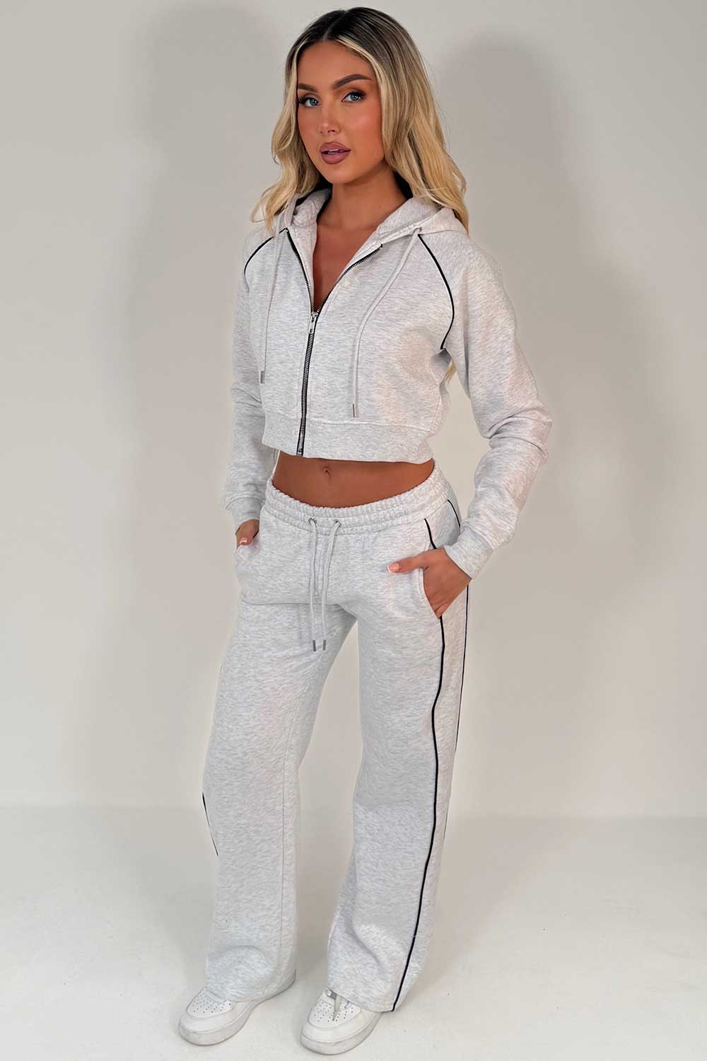 womens grey marl crop hoodie and joggers casual loungewear co ord set airport outfit styledup