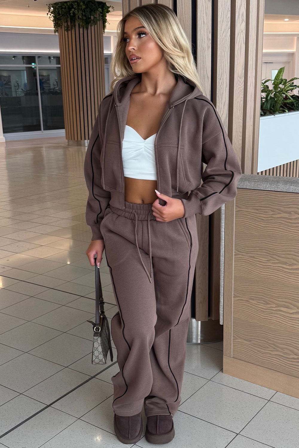 womens crop hoodie and joggers casual loungewear co ord set airport outfit styledup