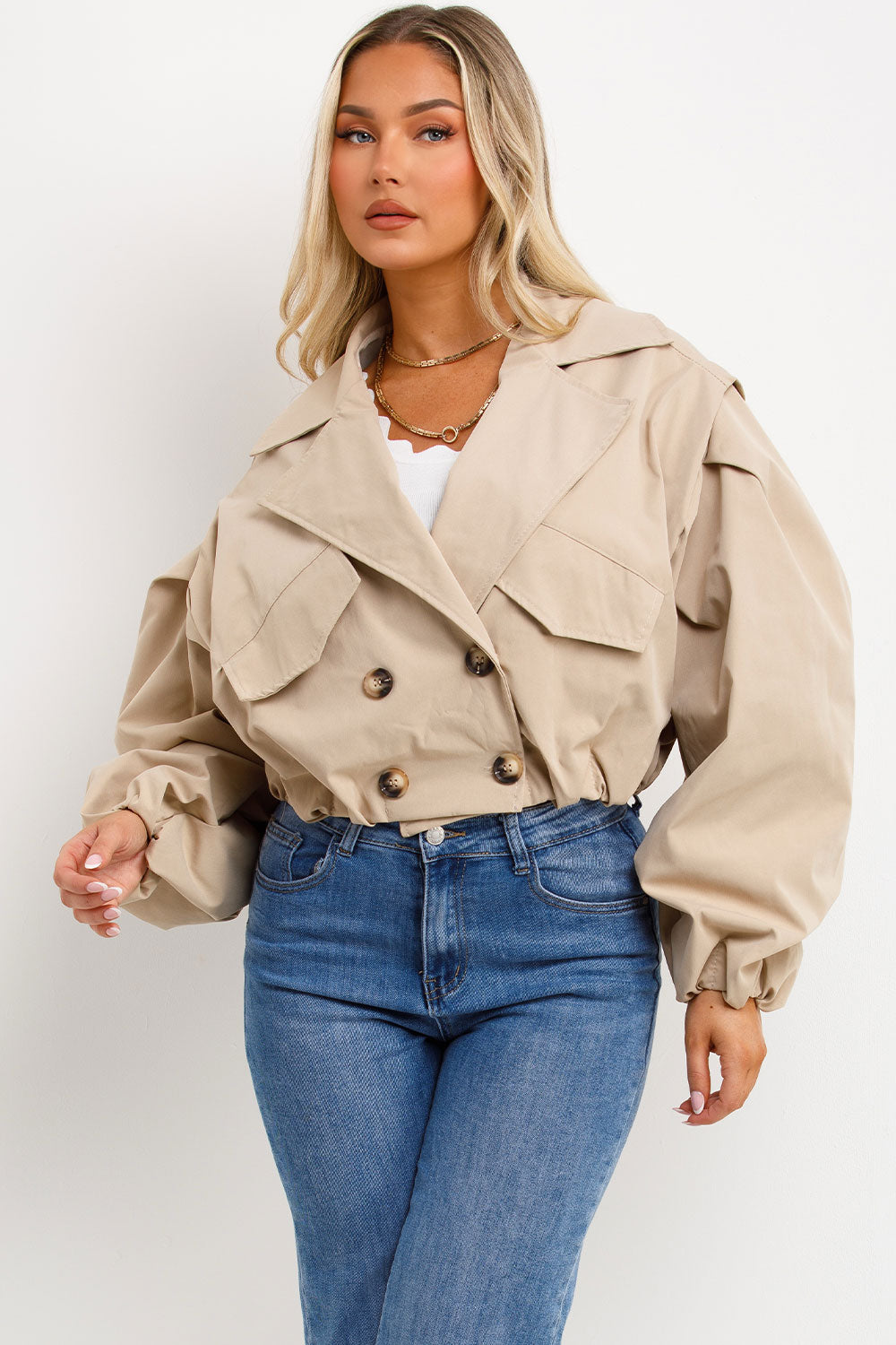 womens double breasted cropped trench jacket uk sale
