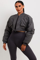 crop bomber jackwt with utility pockets charcoal grey