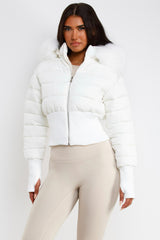 white faux fur hooded padded puffer jacket styledup uk