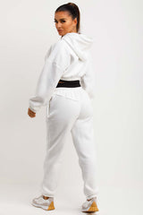 womens white crop hoodie and joggers tracksuit co ord set